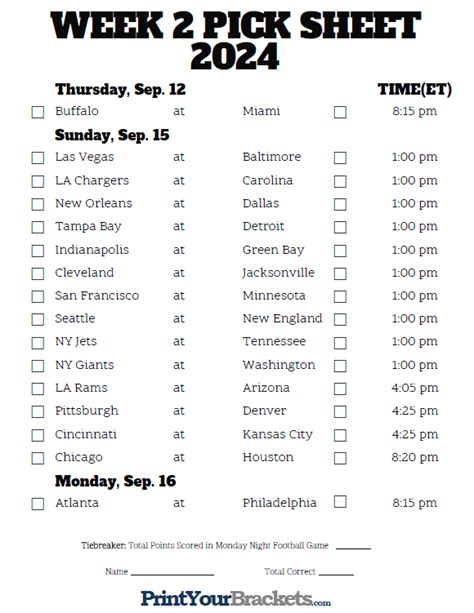 NFL week 2 pick sheet